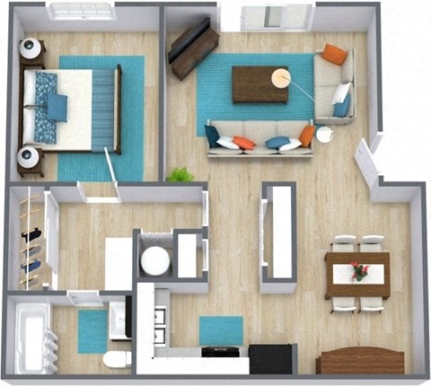 Floor plan for 1 bed, 1 bath, 720 sqft